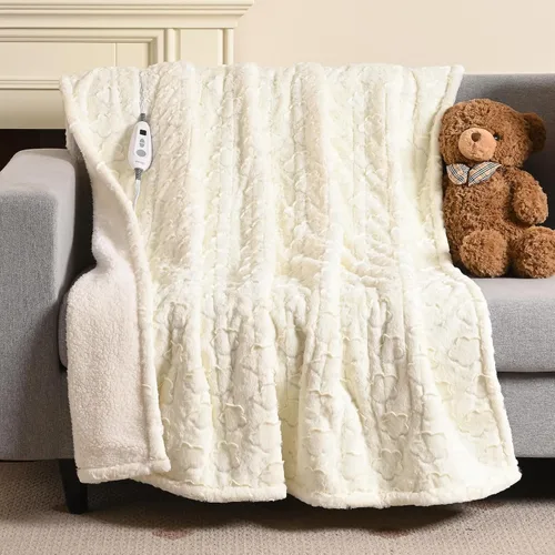 Vista 11 de Bearhug - Manta eléctrica de 50 x 60 pulgadas, manta eléctrica con motivos florales grises de pelo sintético y sherpa cálido, temporizador