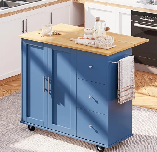 Vista 12 de SUNLEI Isla de Cocina con Carro de Almacenamiento, Carrito Rodante de Café Pequeño, Mesa de Corte de Madera, Microondas con 3 Cajones sobre Ruedas