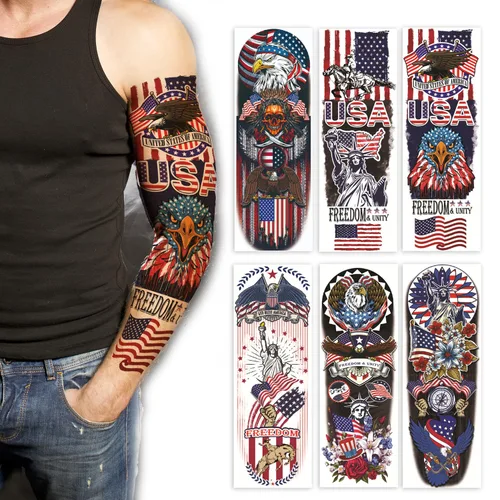 Vista 3 de 6 hojas de tatuajes temporales de brazo completo, impermeables, extra grandes, de calavera negra, rosa, tatuajes temporales para hombres y mujeres