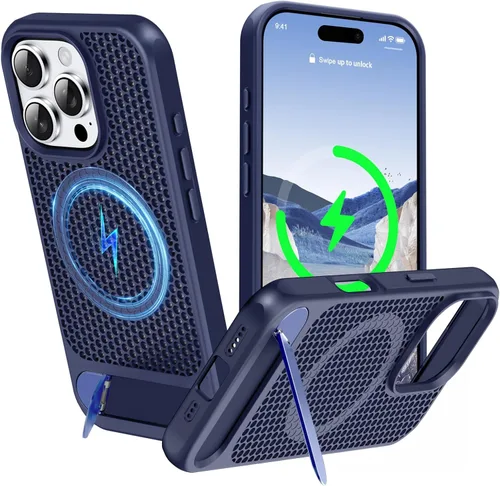 Vista 56 de Funda magnética de disipación de calor para iPhone 13 Pro Max, para MagSafe, protección contra caídas Coolingf, funda con función atril ajustable