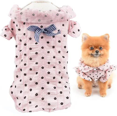 Vista 8 de SMALLLEE_LUCKY_STORE Camiseta de algodón con volantes y mangas con lazo para mascotas, camiseta de algodón para perros pequeños, medianos, gatos Azul