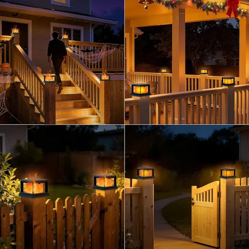 Vista 7 de Paquete de 8 luces solares para exteriores, luces solares impermeables para punta de poste de 4 x 4 con llama parpadeante, luces de poste de alta