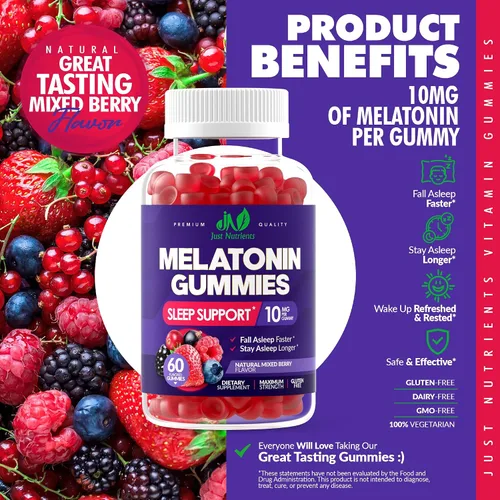 Vista 3 de Gomitas de melatonina de 10 mg con 10 mg de melatonina por gomita (60 porciones) – Soporte para dormir de máxima fuerza para adultos – Sin gluten