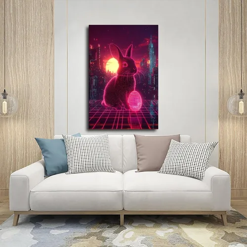 Vista 5 de Synthwave Easter Bunny Art – Neon Cyber Rabbit with Retro Easter Egg – Vaporwave 80s Sci-Fi Wall Print – Aesthetic Outrun Decor for Gamers & Retro
