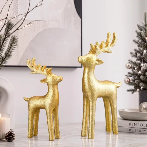 Vista 16 de 2 piezas de decoración moderna de Navidad, decoración neutral de Navidad de renos, estatuas de ciervos de resina, figuras de renos, estatuas
