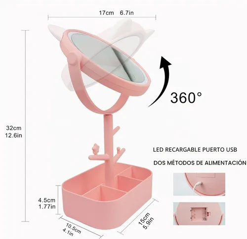 Vista 3 de Nonebranded Espejo de tocador con luces y luces de espejo de escritorio, control de luz táctil, portátil, de alta definición, espejo iluminado