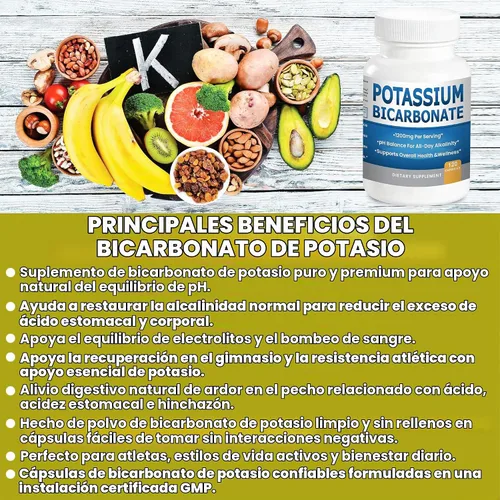 Vista 5 de Suplemento de bicarbonato de potasio puro Cápsulas Píldoras de equilibrio de pH, electrolitos de alto potasio 1200 mg Serv. Grado alimenticio