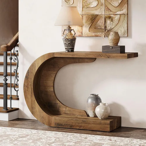 Vista 9 de Tribesigns Mesa consola moderna de mediados de siglo de 43.3 pulgadas para entrada, mesa de entrada de madera en forma de C para sala de estar, Negro