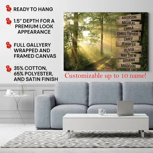 Vista 5 de MySoulAndSpirit Store - Lienzo personalizado con múltiples nombres de sol a través del bosque, arte de pared personalizado con nombre de la familia