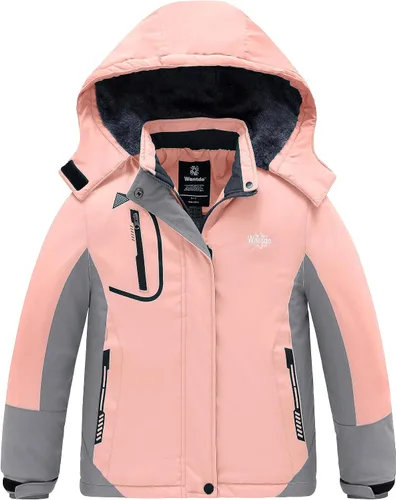 Vista 12 de Wantdo - Chaqueta impermeable para niñas, con capucha, de invierno con forro polar, para la nieve, resistente al agua, ropa exterior Rojo rosa