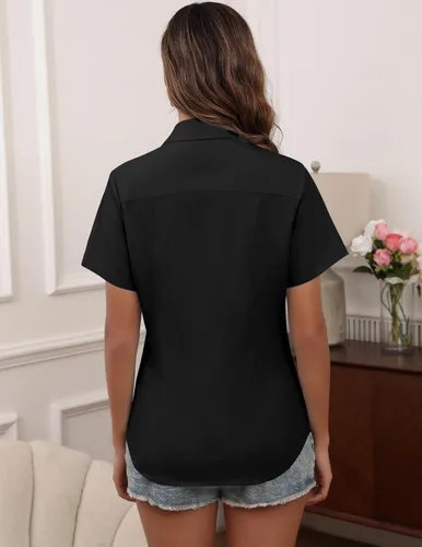 Vista 3 de HOTOUCH Camisas de manga corta con botones para mujer, blusa con cuello ajustado, blusa básica de verano para oficina, tallas S-2XL