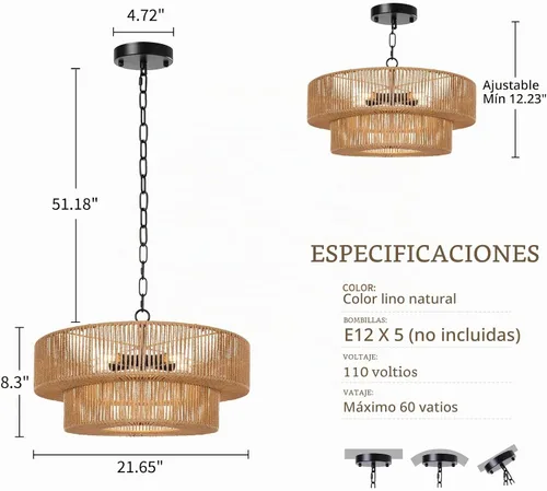 Vista 6 de LamQee Candelabros de Ratán Estilo Granja de 22 Pulgadas, Lámpara de Araña Boho de 5 Luces con Pantalla de Mimbre Tejida a Mano, Luces Colgantes
