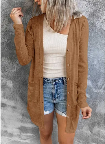 Vista 3 de MEROKEETY Cárdigan ligero de manga larga con botones y bolsillos para mujer