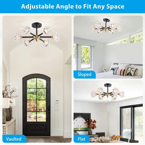 Vista 5 de XINGQI Lámpara de techo moderna de 6 luces, lámpara de montaje semiempotrado Sputnik, lámparas de araña doradas en negro para recámara, comedor
