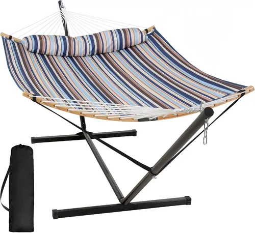 Vista 18 de SUNCREAT Hamaca doble con soporte incluido, hamaca portátil con soporte y almohada grande, rayas azules Rayas A-blue