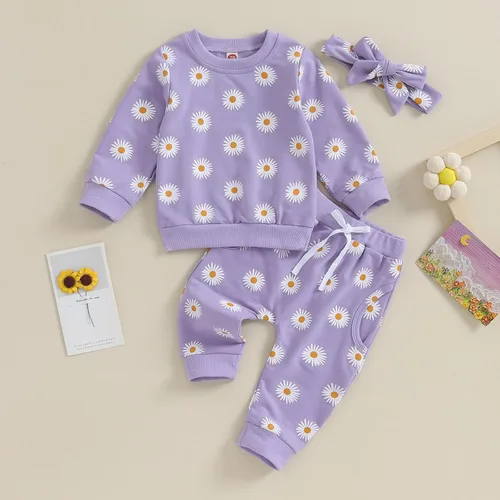 Vista 6 de Conjunto de 3 piezas de sudadera de margaritas + pantalones + diadema, ropa infantil de otoño e invierno