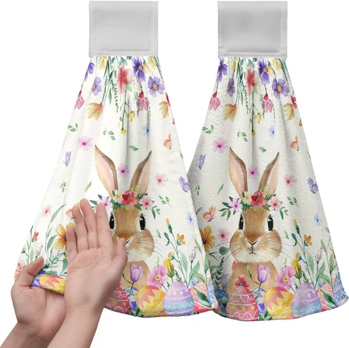 Vista 18 de Juego de 2 toallas de cocina colgantes de hojas tropicales de verano, color verde, hojas de palmera, con bucles para colgar, suaves y absorbentes