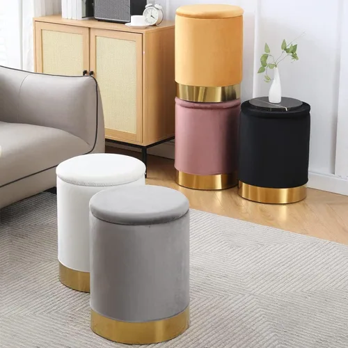 Vista 8 de Otomán de Terciopelo con Almacenamiento Reposapiés Multiusos Taburete con Base de Metal Taburete Redondo Moderno para Tocador Silla Otomán