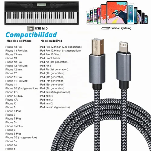 Vista 6 de Cable Lightning a MIDI USB OTG tipo B para iPhone seleccionado, modelos de iPad para controlador midi, instrumento de música electrónico, teclado