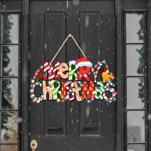 Vista 2 de Letrero de puerta con texto en inglés "Merry Christmas", decoración de árbol de Navidad, adorno de madera para colgar cabina de fotos con cuerdas