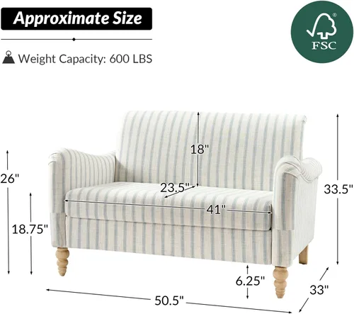 Vista 2 de HULALA HOME Sofá de dos plazas de 50.5" con patrón de rayas, sofá de estilo granja de 2 asientos con reposabrazos anchos redondeados y patas