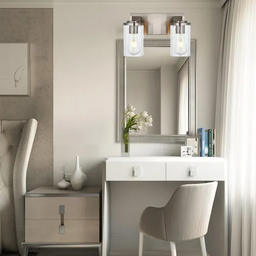 Vista 7 de BONLICHT Lámpara de pared de níquel cepillado de 2 luces con pantalla de cristal transparente, luces industriales de baño para interiores sobre
