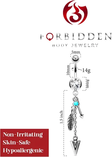 Vista 2 de Forbidden Body Jewelry Abalorios tribales de acero quirúrgico con plumas y flechas, turquesa sintética