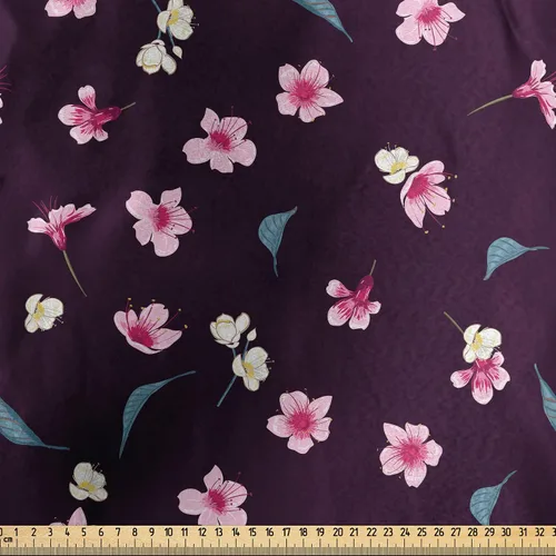 Vista 2 de Ambesonne Cherry Blossom Fabric by The Yard, Spring Night Sakura Yozakura Pattern on Nocturnal Background, Decorative Satin Fabric for Home Textiles
