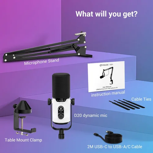 Vista 8 de FDUCE Juego de micrófono dinámico para juegos, micrófono de computadora USB/XLR para podcast con soporte de brazo extensible, luz RGB, botón