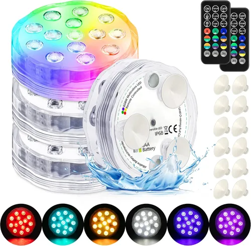 Vista 7 de YiaMia - Luces de bañera - 2 paquetes de luces LED RGB para piscina con batería, control remoto y ventosa para estanques, decoración, fiestas, spas