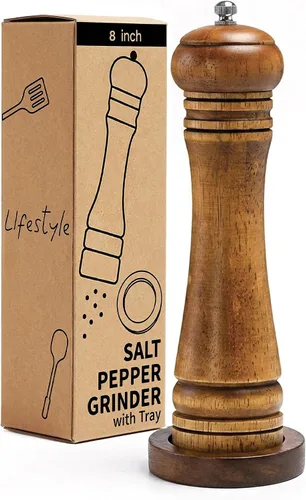 Vista 9 de Molinillo de sal y pimienta de madera, molinillo de sal y pimienta, cocteleras de madera de roble con molinillos de cerámica ajustables, 8 pulgadas