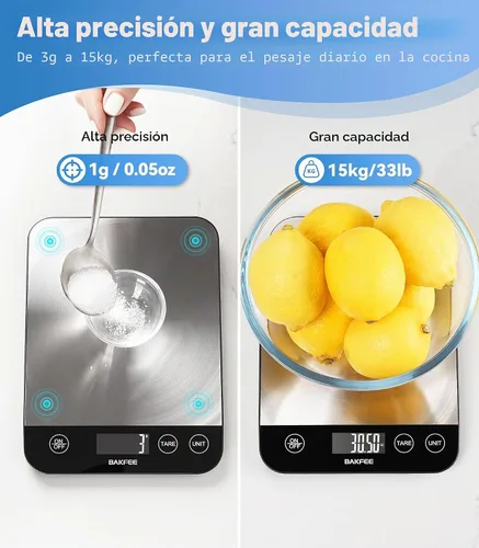 Vista 2 de Báscula de alimentos, báscula de cocina recargable de 33 libras con acero inoxidable, gramos y onzas, carga USB, 0.04 oz de alta precisión