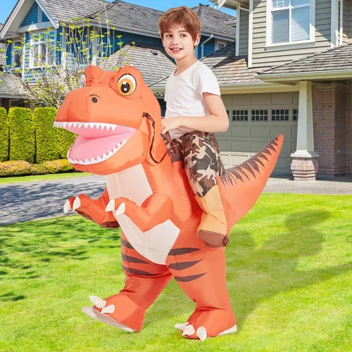 Vista 4 de GOOSH Disfraz inflable de dinosaurio para niños que montan en T Rex Air Blow Up Funny Fancy Dress Halloween Party Cosplay disfraz