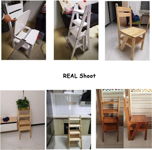 Vista 8 de JHome Taburetes elevadores de escalera de 4 escalones, madera maciza, escalera plegable transformable para el hogar, cocina, silla plegable de doble
