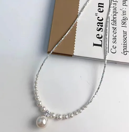 Vista 5 de Collar de perlas de plata triturada para mujer, collar de clavícula, collar de clavícula, gargantilla de perlas artificiales blancas, joyería de moda