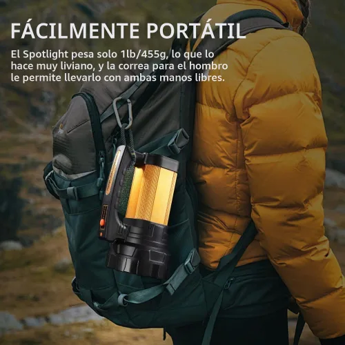 Vista 3 de Linterna recargable de 1200 lm, linterna de mano impermeable IP67 con 3400 mAh, 30 horas de funcionamiento, salida USB, foco LED con correa
