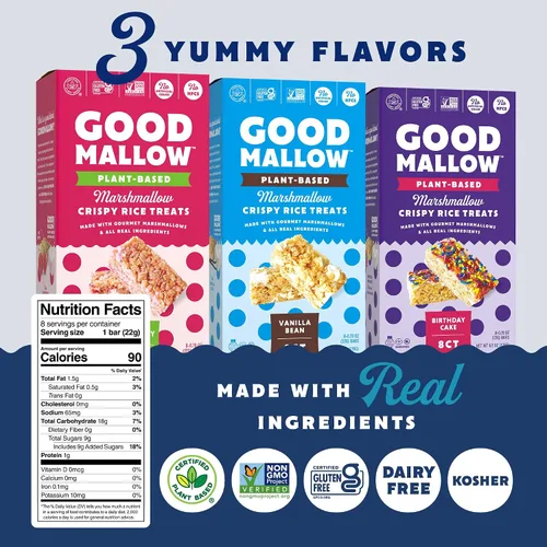 Vista 2 de GoodMallow Treats Veganos de Arroz Crujiente Envueltos Individualmente Caja de 24, Aperitivos Veganos Kosher, Aperitivos Sin Gluten Sin Lácteos