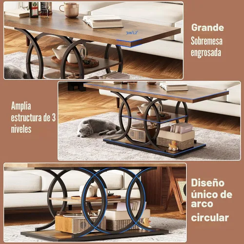 Vista 5 de GiftGo Mesa de café rústica con almacenamiento industrial de 3 niveles, mesa de centro de madera rectangular estilo granja para sala de estar, mesa
