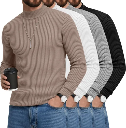 Vista 8 de Paquete de 4 Camisetas de Cuello Alto Simulado para Hombre de Algodón de Punto Acanalado de Manga Larga Pullover Ajustado Casual Suéteres Básicas
