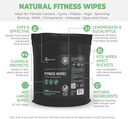 Vista 7 de Wipex Fitness Wipes - Rollo de recambio de cubo – Verificado por EWG – Toallitas para equipos de fitness a base de plantas, citronela, eucalipto