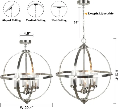 Vista 4 de Treekee Candelabro Globo de 20'', Candelabros de Níquel Cepillado, Candelabro Orbe Moderno de 4 Luces, Lujosa Lámpara Colgante con Pantalla