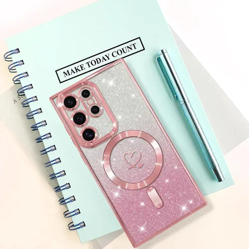 Vista 627 de Bonoma - Funda compatible con Samsung Galaxy S21 Plus, diseño de corazón con purpurina, color rosa Support for MagSafe, Plating Magnetic Case TPU