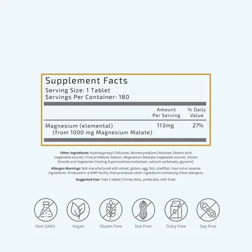 Vista 2 de VTC VitaTradingCo. Malato de magnesio 113 mg de magnesio elemental Cofactor para más de 300 enzimas Suave y altamente absorbente Soporte