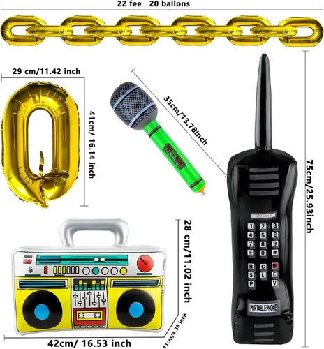 Vista 2 de Paquete de 26 micrófonos inflables de radio Boombox para teléfono móvil y globos de cadena de lámina dorada para adultos de los años 80 y 90
