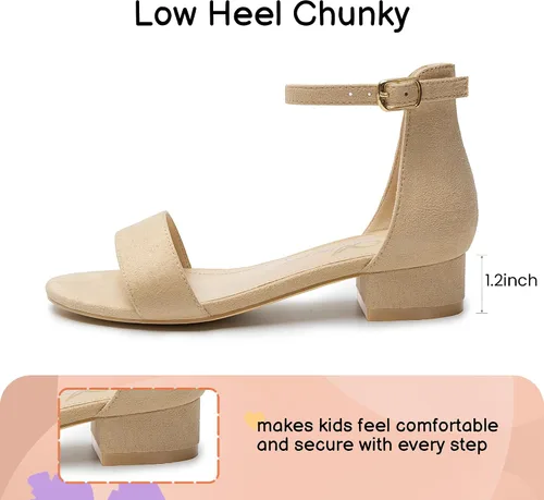 Vista 38 de Athlefit Sandalias para niñas, puntera abierta, correa en el tobillo, tacones bajos, zapatos de vestir para niñas pequeñas y grandes