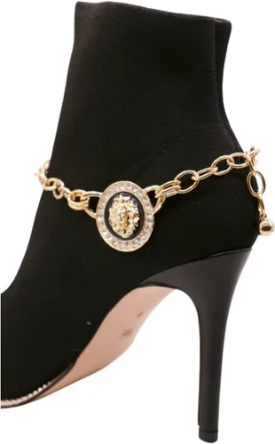 Vista 5 de Trendy Fashion Jewelry Cadena de bota occidental para mujer, pulsera de metal dorado, tobillera de tacón alto, moneda de león, medallón con dije