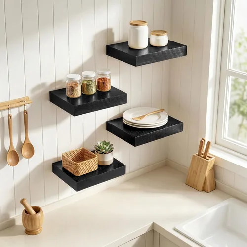Vista 2 de RICHFOCUS Estantes flotantes de 8 pulgadas para estantes cuadrados de pared para dormitorio, cocina, baño, estante flotante de madera rústica