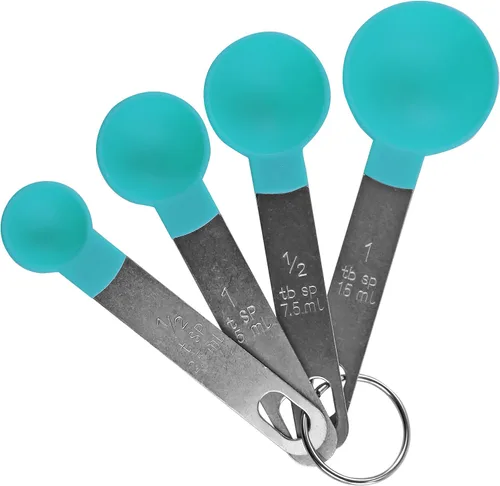 Vista 6 de Reston Lloyd 4 cucharas medidoras para ingredientes secos y líquidos, plástico de grado alimenticio con asas de acero inoxidable, color rojo