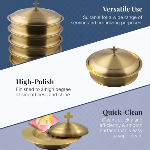 Vista 4 de Communion Ware - Bandeja para servir vino santo con tapa y un plato de pan apilable con tapa, acero inoxidable (latón/dorado)