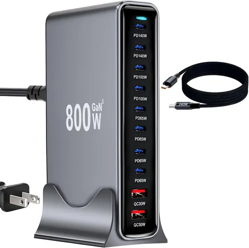 Vista 11 de 320W USB C Cargador Rápido de Bloque, Estación de Carga USB de 8 Puertos, Cargador de Pared para Laptop GaN Ⅲ Pro 100W PD PPS Puerto Estación